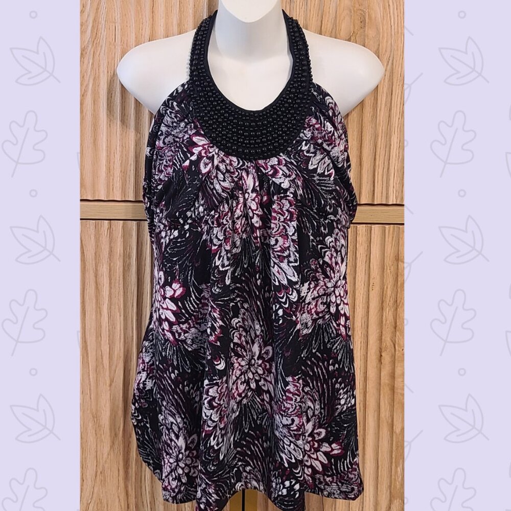 Studio Y Beaded Halter Top XL | Black Floral Print | Statement Neckline